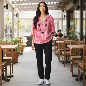 Lucky Brand Pink Deep V Sweatshirt  Bleach Dye Hooded Embroidered 1/2 Sleeve Med